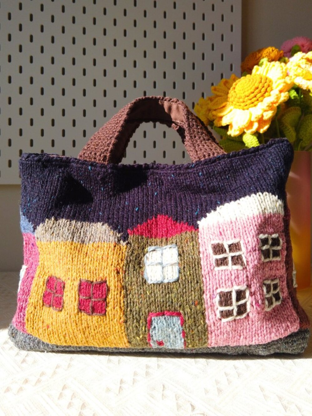 Hand-Knitted Wool Yarn Embroidery House Bag